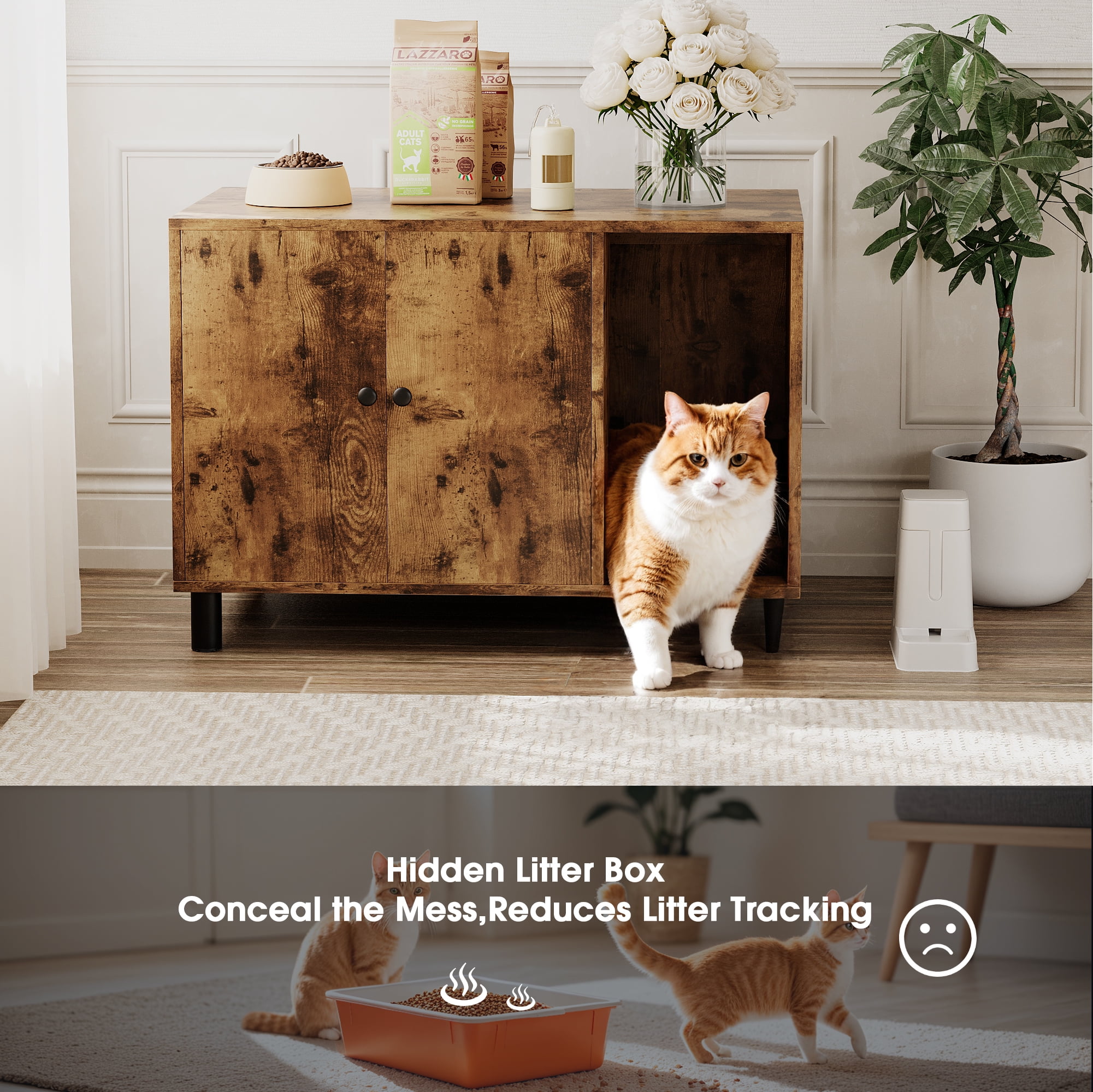 Homall Hidden Cat Litter Box Enclosure with Scratching Mat Wooden Cat Washroom Furniture Cat Box Cabinets, Brown