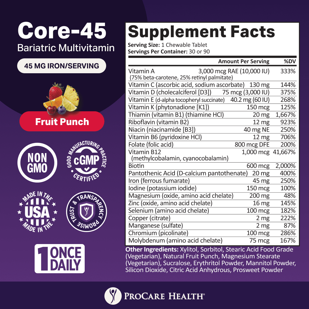 ProCare Health Core-45 Bariatric Chewable Multivitamin 45 mg Iron, Fruit Punch, 30 Ct