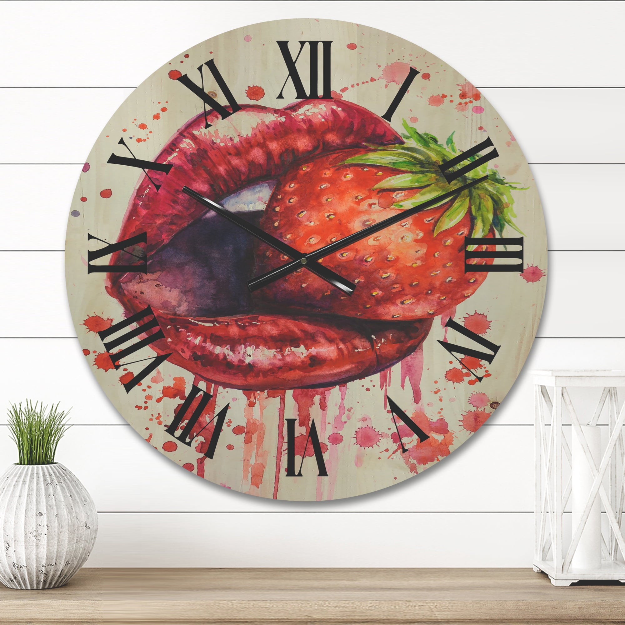 Designart 'Red Girl Lips Eating A Strawberry' Modern Wood Wall Clock