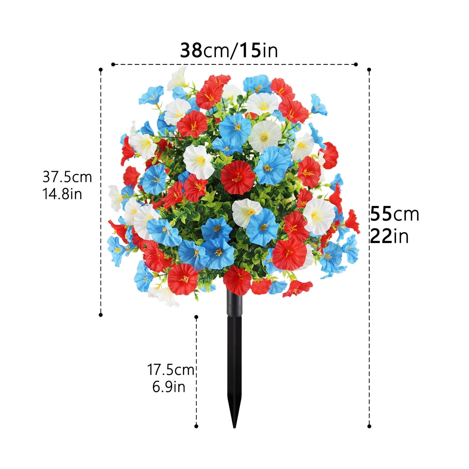 geerera 4th of July Patriotic Artificial Flower Topiary Stake, Red White Blue Fake Flower Yard Stake for Independence Day Outdoor Garden Decor