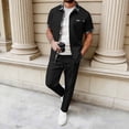thumbnail image 2 of Mens Waffle Knit 2 Piece Sets Casual Short Sleeve Button Down Shirts and Loose Pants Summer Beach Vacation Outfits Black, 2 of 9
