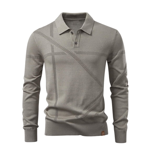 Handshe Men's Long Sleeve Sweater, Turn-Down Collar with Solid Color and Subtle Print, Business Casual Knitwear for Office and Daily Wear