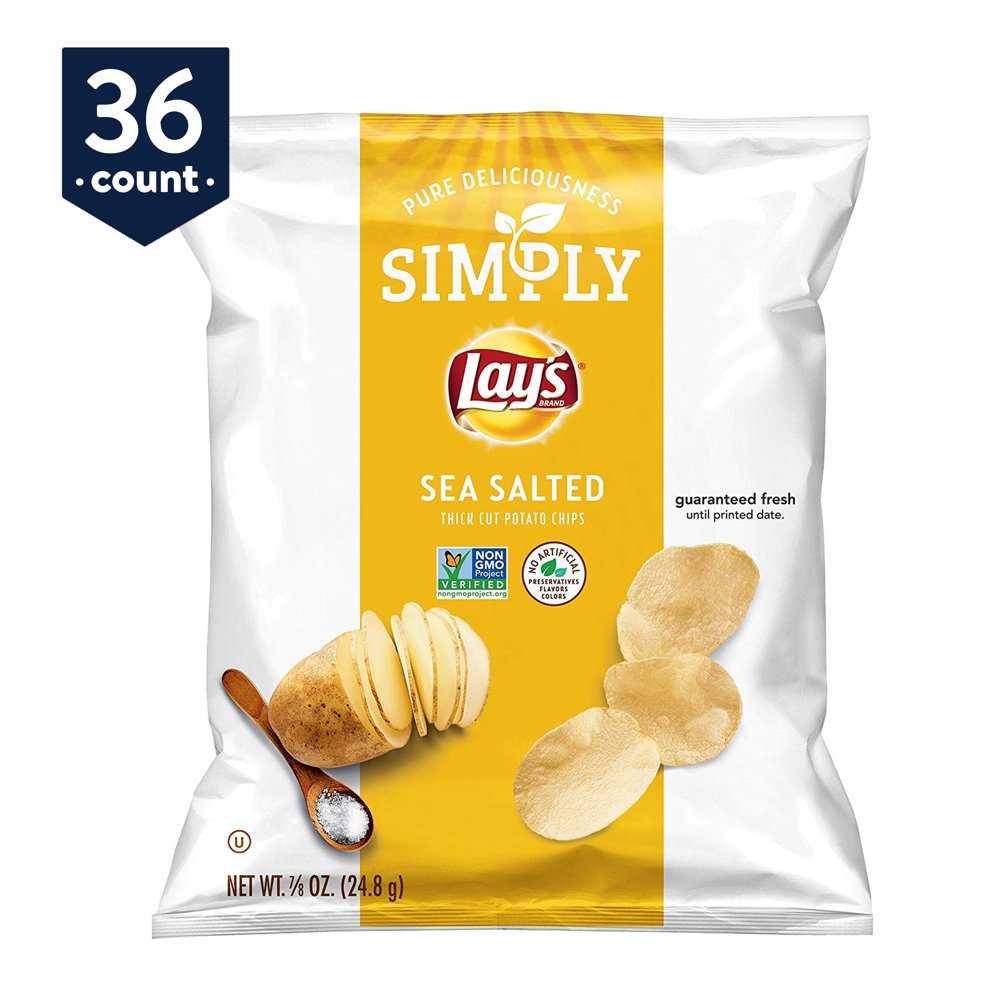 Simply Lay's Sea Salted Thick Cut Potato Chips, 0.875 oz Bags, 36 Count