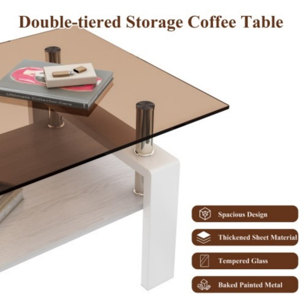 Rectangle Coffee Table, 39.2" Brown Tempered Glass Tabletop with White MDF Storage Shelf and Iron Legs, Modern Clear Glass Center Table for Living Room, 220 lbs