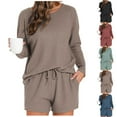 thumbnail image 4 of FAIWAD Pajamas Set for Women Knit 2 Piece Outfits Long Sleeve Top and Shorts Matching Lounge Set Loungewear with Pockets, 4 of 4