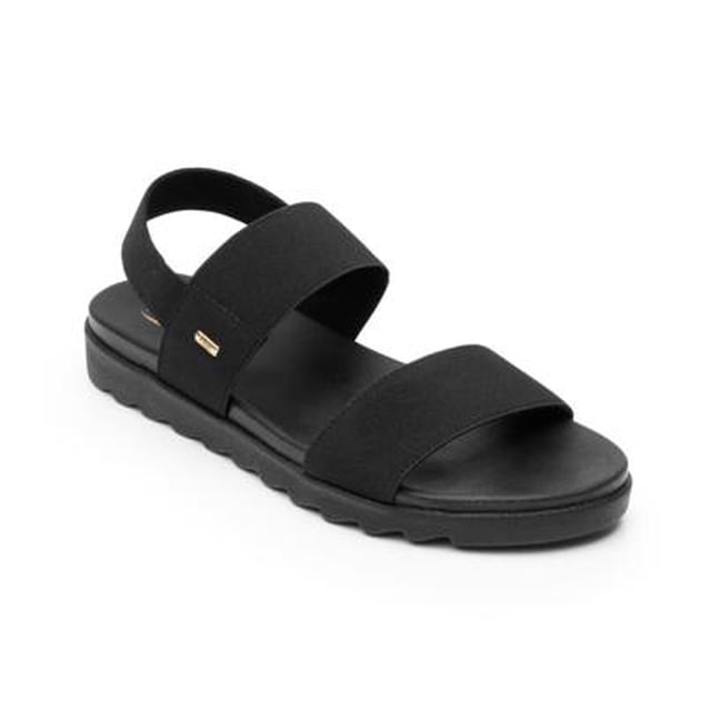 calzado de adulto tipo sandalia color negro Flexi sandalia negra para mujer vista 3/4 frontal con doble tira ancha y talonera abierta, plantilla acolchada y suela dentada de goma, pequeño detalle metálico con logo; disponible en tallas mexicanas, apta para uso diario.