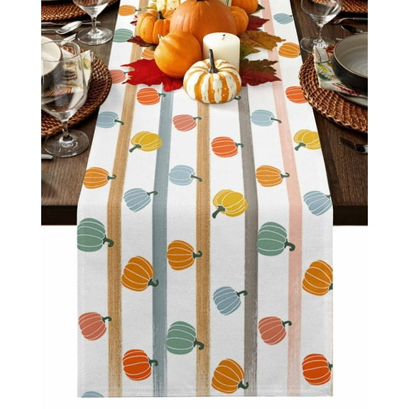 Fall Striped Pumpkin Table Runner-Cotton Linen- 72 Inch Holiday Dresser Scarves, Thanksgiving Farmhouse Wood Grain Tablerunner for Kitchen Coffee/Dining Bedroom Living Room Dinner Scarf Décor 16x72