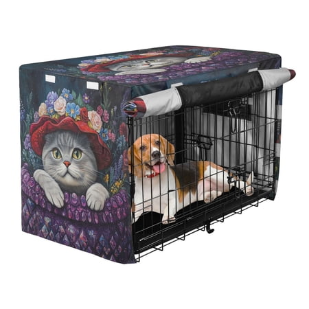 Qxltty Cute Cat Wearing Wreath Crate Cover Durable Oxford Cloth Pet Kennel Sunshade Universal Fit for 53in Wire Cage