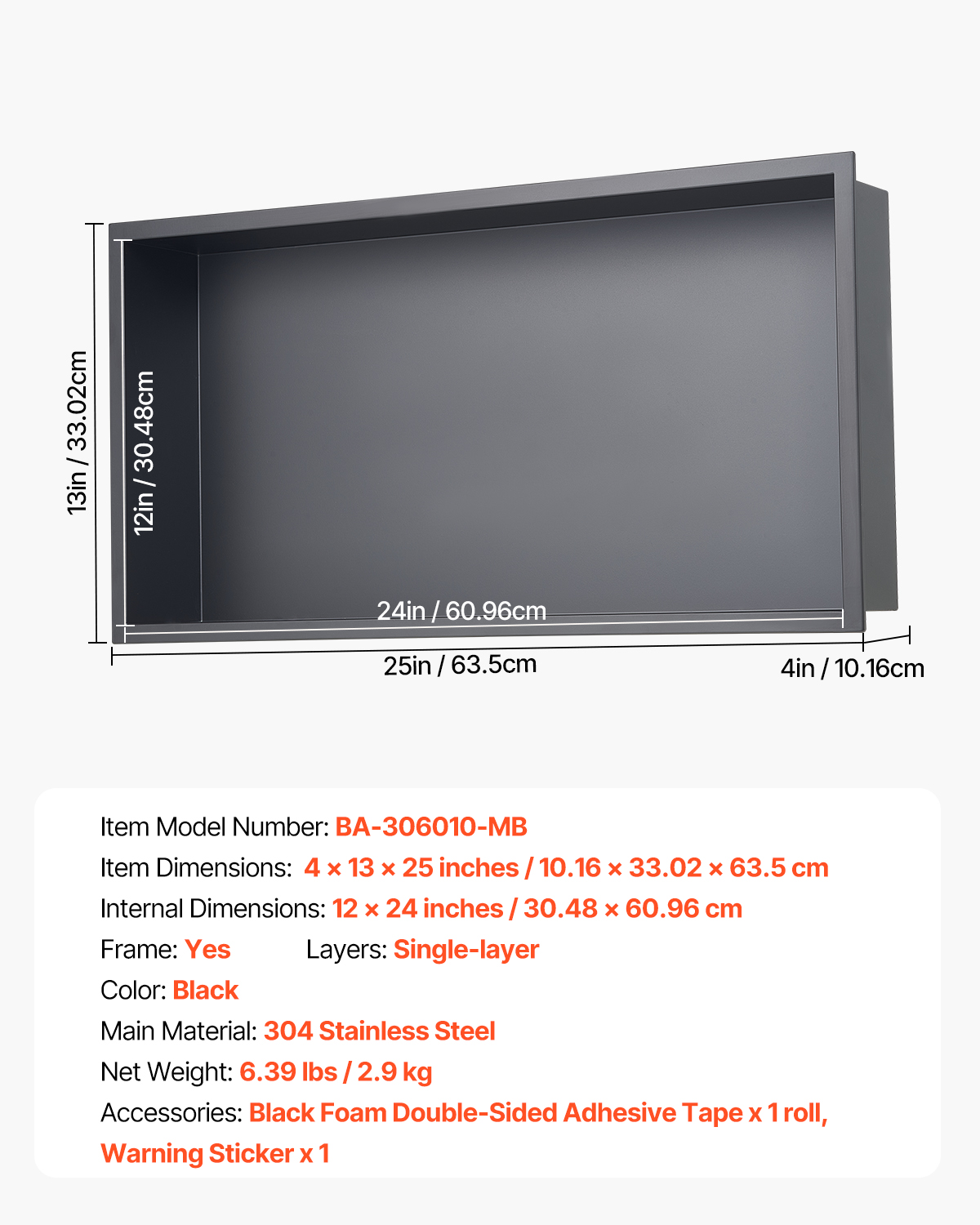 VEVOR Shower Niche, 13 x 25 x 4 inch Recessed Wall Niche, Heavy-duty Stainless Steel Modern Soap & Shampoo Storage Organizer, Sealed Waterproof, Durable & Easy to Install,Black for Bathroom