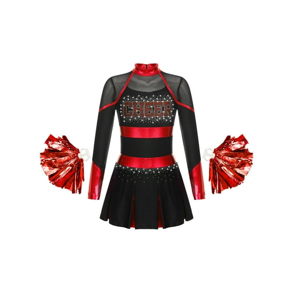 YEAHDOR Cheer Team Uniform for Schoolgirls Cheerleading Outfit Carnival Masquerade Costume Dress with Hand Flower Balls Black&Red 14