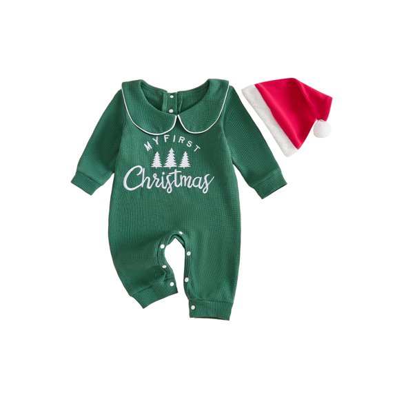 Cjfdfy Newborn Baby Boy Girl Christmas Outfits My First Christmas Embroidery Long Sleeve Waffle Knit Romper And Hat 2Pcs Infant Cute Christmas Tree Fall Winter Outfit 0-18M