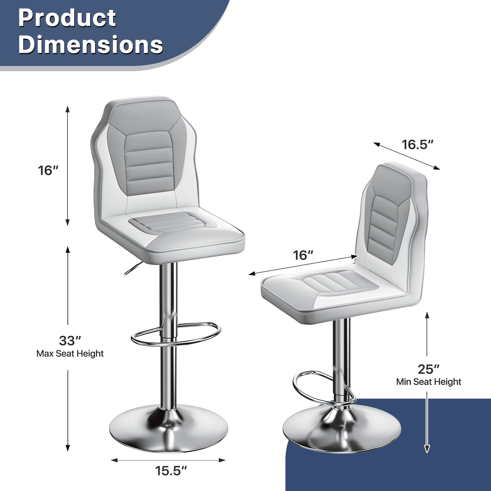 OSM 2-Pack Racing Style Bar Stools, Adjustable Height Swivel Gaming Chairs with High Back, Footrest & PU Leather, for Kitchen Island, Home Pub, Gray/White