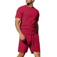 thumbnail image 2 of Swuxness Mens Short Sleeve Pajama 2 Piece Sets, Men's Short Pants Set, Men's Solid Color Crew Neck Pullover T-Shirt Elastic Waist Pocketed Comfortable Pajamas Set Red, L, 2 of 5