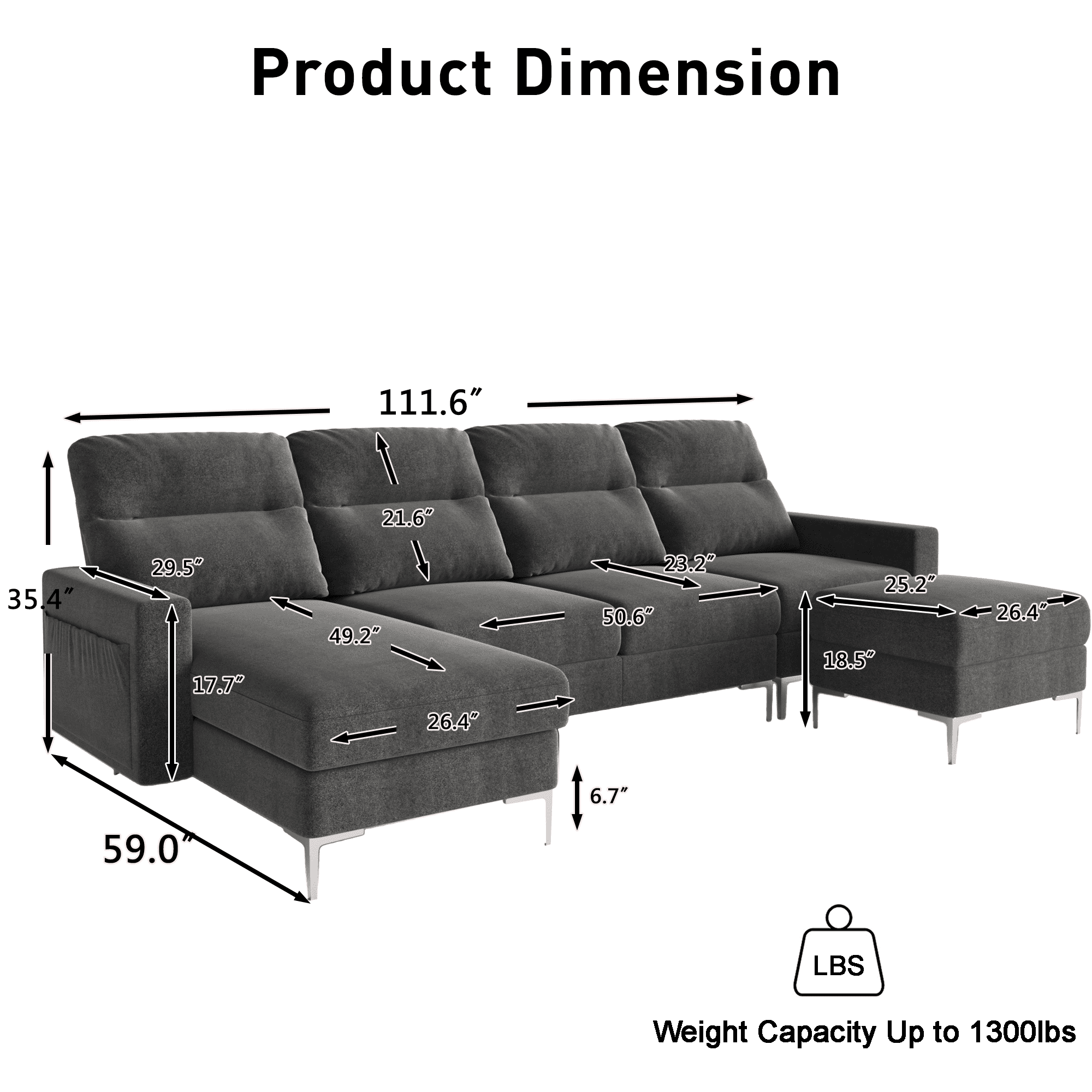 Homall U-Shaped Sofa with Upholstered Stool Convertible Combination Sofa Linen Upholstered Sofa with Metal Upholstered Legs Living Room Furniture,Grey