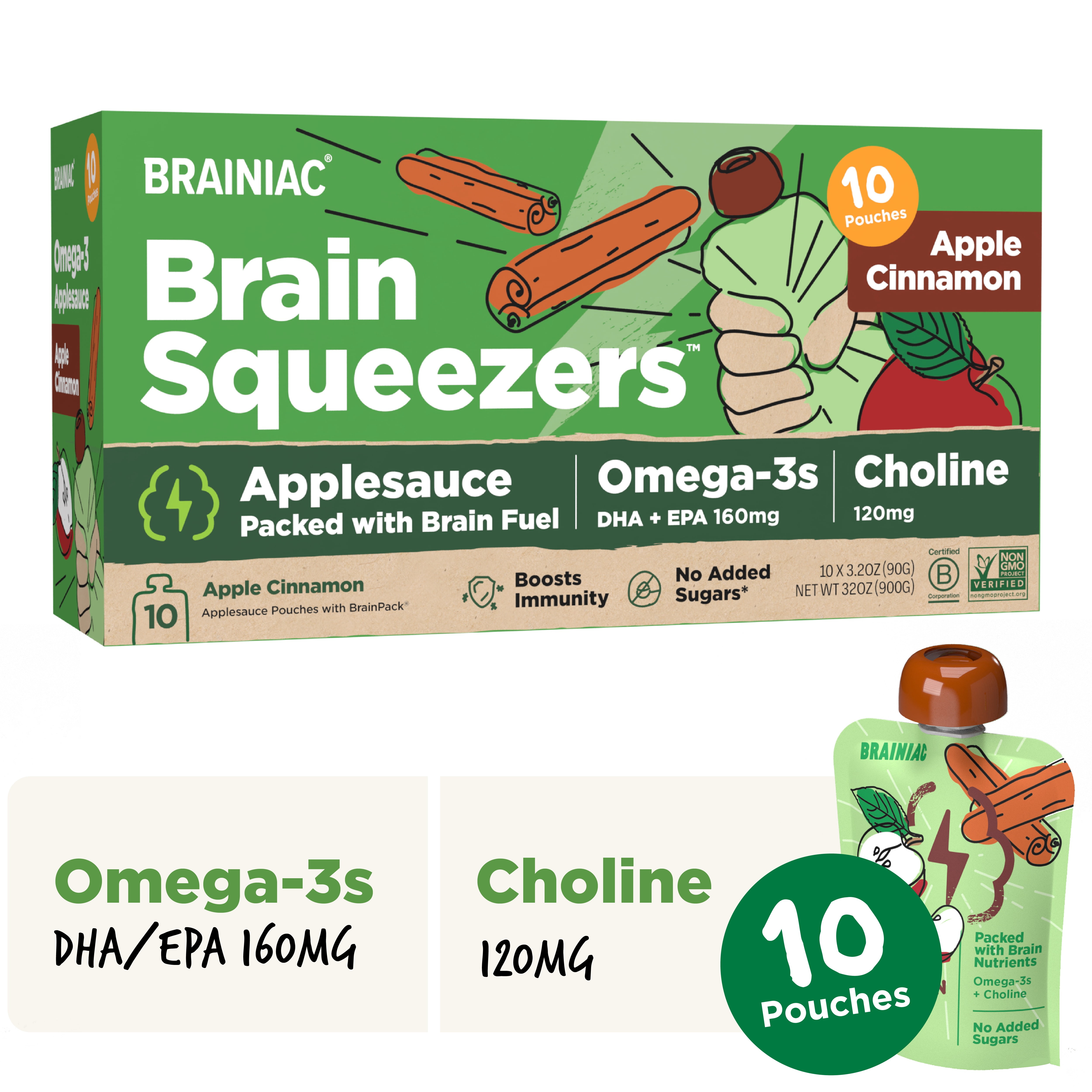 Brainiac Omega-3 Applesauce, Cinnamon Apple, No Sugar Added, 3.2 oz,10 Ct