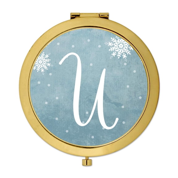 Koyal Wholesale Gold Compact Mirror Bridesmaid's Wedding Gift, Blue Winter Snowflakes, Monogram Letter U, 1-Pack
