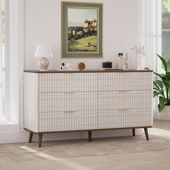 TrumanPick Fluted Dresser for Bedroom with 6 Drawers, 47" Wide Modern Chest of Drawers with Metal Handle, Wooden Dresser for Living Room Closet Hallway, Natural & Walnut