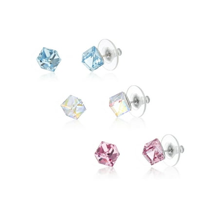 Lesa Michele 3 Pair Cube Stud Earrings in Stainless Steel Made with Swarovski Crytal for Women