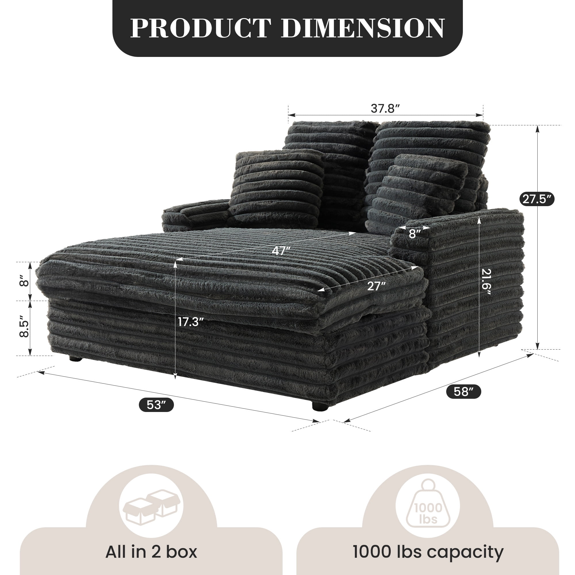 Gelloan Oversized Chaise Lounge Chair Indoor, Upholstered Sofa Bed with Throw Pillows and Armrests, Sleeper Chair for Living Room, Bedroom,Grey,Corduroy