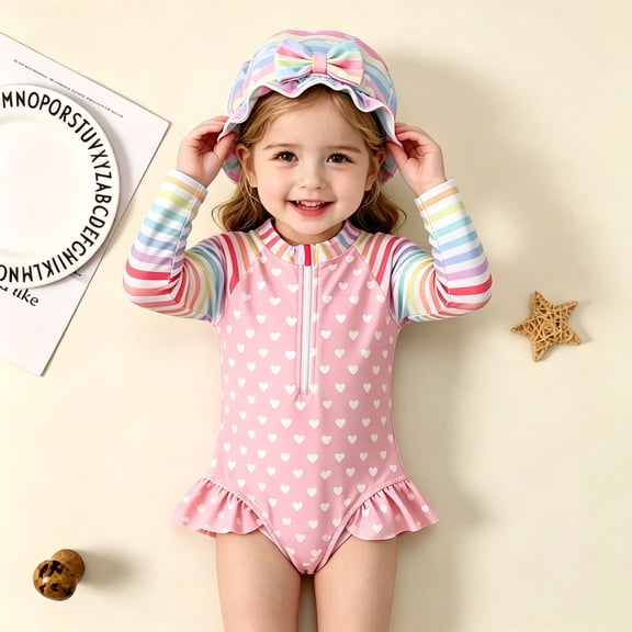 MEZZALL Children Girls Spliced Heart Long Sleeve O-Neck One-Pieces Monokini Swimsuit Sun Swimwear For Kids Comfort Summer Flower Print Beachwear