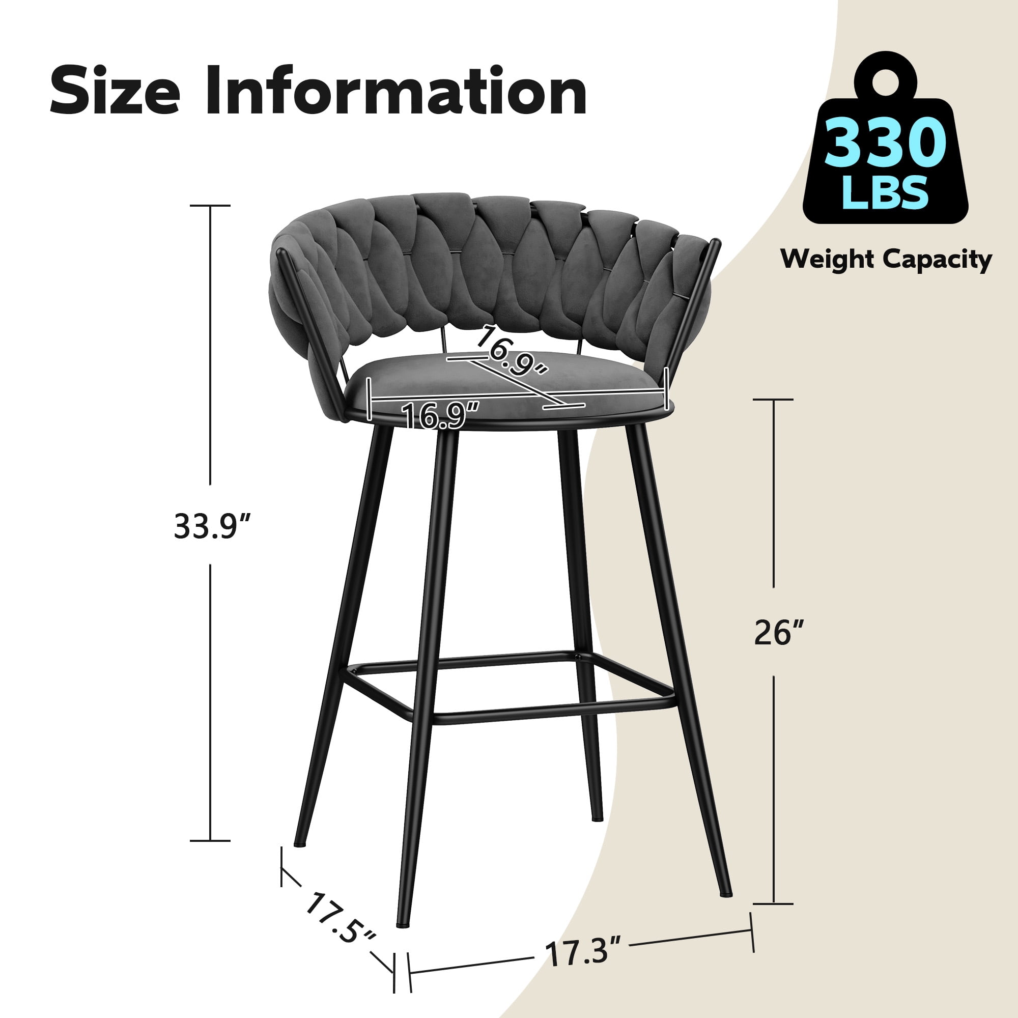 Andeworld 26'' Bar Stools with Woven Back set of 2, Modern Velvet Barstools with Upholstered Seating, Counter Height Barstool in Square Footrest, Gray