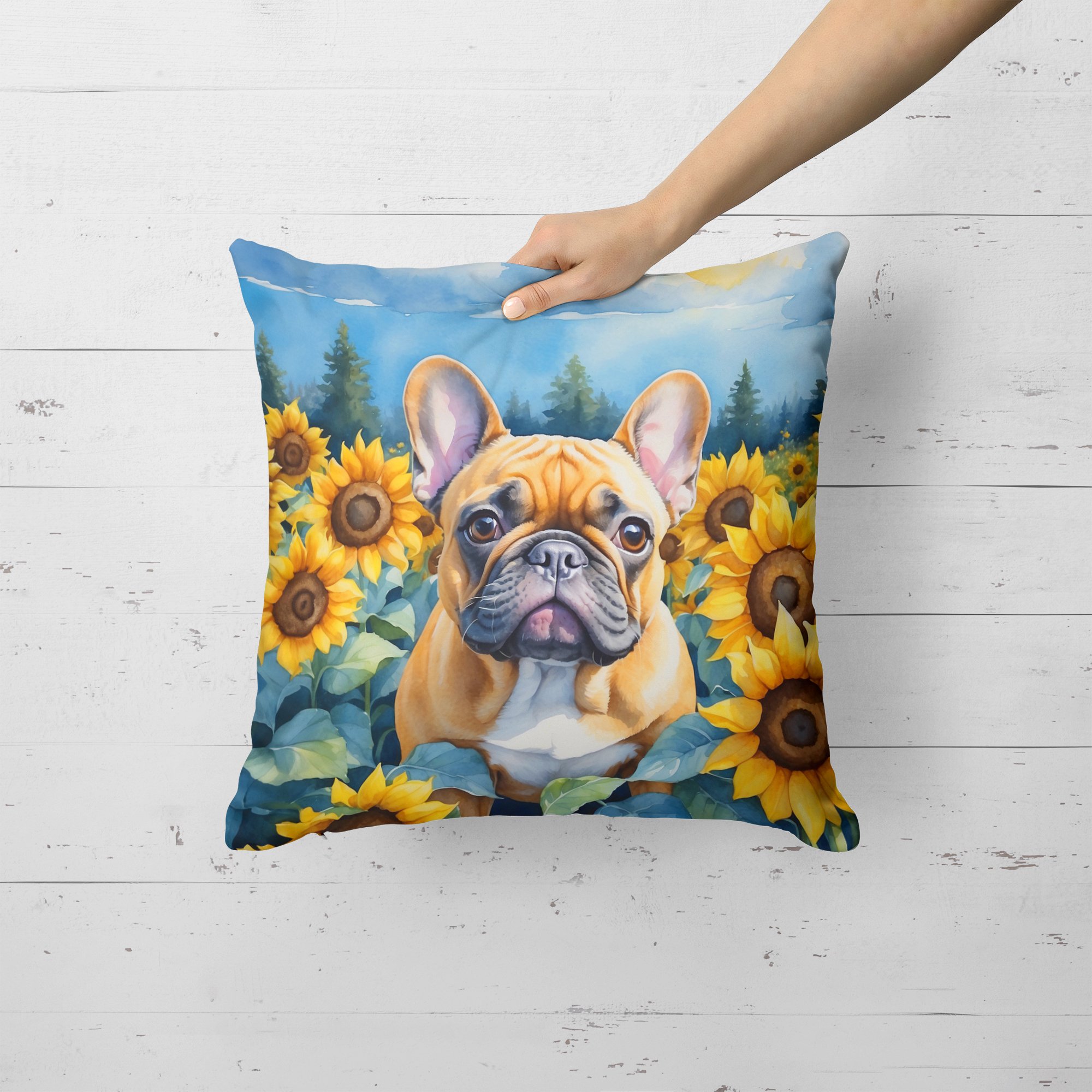 French Bulldog in Sunflowers Throw Pillow 18 in x 18 in