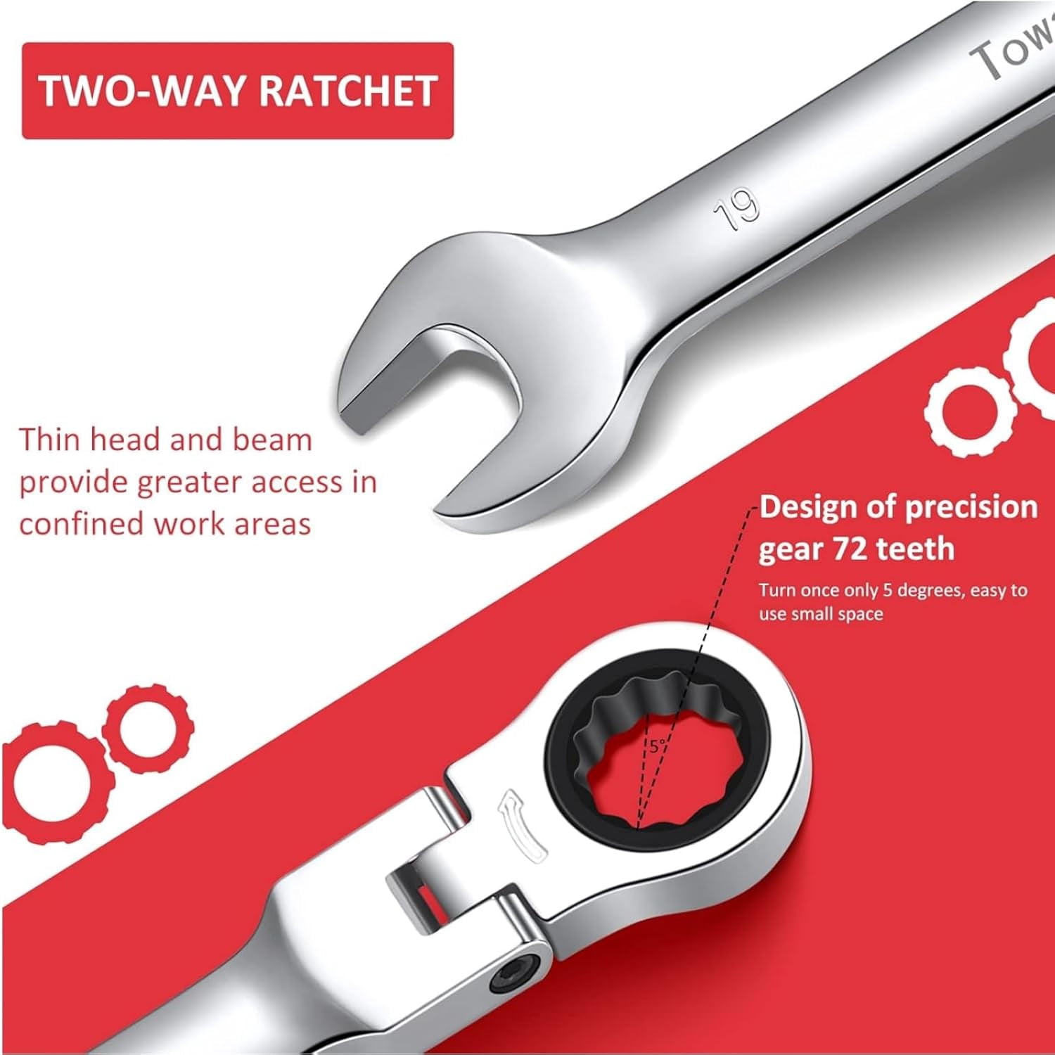 Flex-Head Ratcheting Wrench Set, Combination Wrench Set, 72 Tooth, Metric, 12-piece, Size Covers 8-19mm, CR-V Steel, with Rolling Pouch
