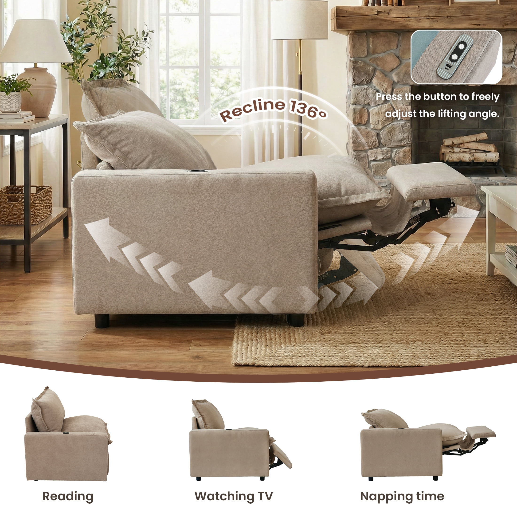 Magic Home Power Recliner Sofa Couch Set, 4 Seat Electric Recliner with Heating, USB Ports for Families and Friends, Modern Electric Recliner Sofa for Living Room Home Theater, Khaki
