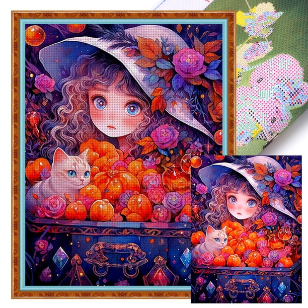 Hilo Algodón Ecológico Bordado Punto Cruz Niña Dibujos Animados Impreso 11CT 50x65cm
