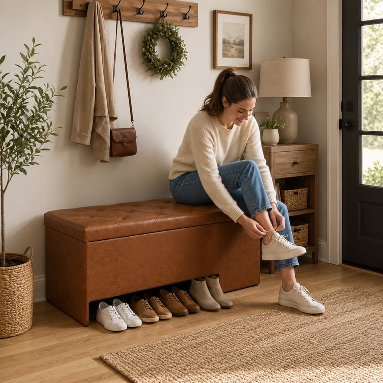 Nnovaroom 43 In Storage Ottoman Bench, Brown photo 8
