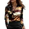 thumbnail image 2 of RKSTN Women's Elegant Satin Cowl Neck Blouses Oversized Dressy Drape Ruched Front Business Long Sleeve Silk Shirt Top Womens Casual Colorblock Print Plus Size Lapel Comfy Office Work Formal T Shirt, 2 of 8