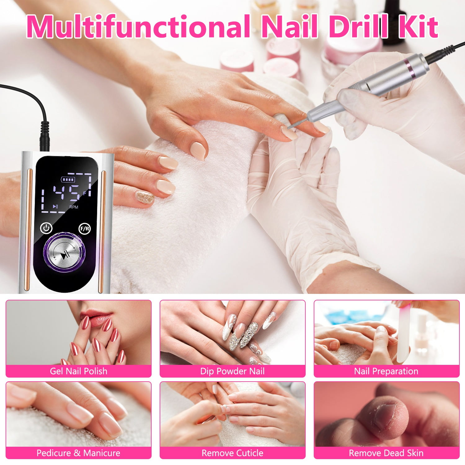 Imountek Portable Nail Drill Machine, 45000 RPM Professional Electric Nail File Kit with 11 Bits for Salon Home Manicure