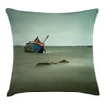 thumbnail image 1 of Ocean Decor Throw Pillow Cushion Cover, Old Photo of Decadent Derelict Fishing Boat Bow in Thailand Day Lights Sunrise, Decorative Square Accent Pillow Case, 16 X 16 Inches, Grey Blue, by Ambesonne, 1 of 2