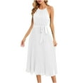 thumbnail image 2 of Robes Robe d'Été Femmes Été Décontractée Col Halter Robe Sans Manches Ceinturée Évasée Plissée Robes de Plage Blanc TTG, 2 of 6
