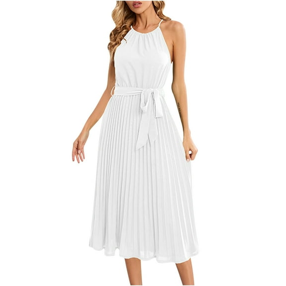 IROINNID A-Line Dress For Women Sleeveless Round Neckline Summer Casual Halter Neck Dress Belted Swing Pleated Beach Dresses Regular Solid Color Dress