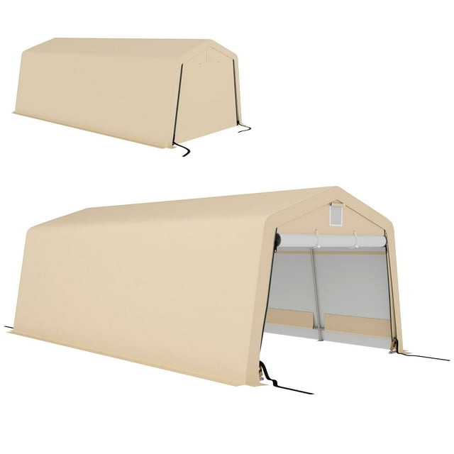 Outsunny 11' x 20' Garage Carport with Ventilation Windows, Khaki
