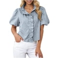 thumbnail image 4 of Craaazy Women Short Sleeve Tops Relaxed Fit Stripe Ruffle Neckline Puff Sleeve T-Shirts Casual Soft for Going Out Summer Vacation, 4 of 8