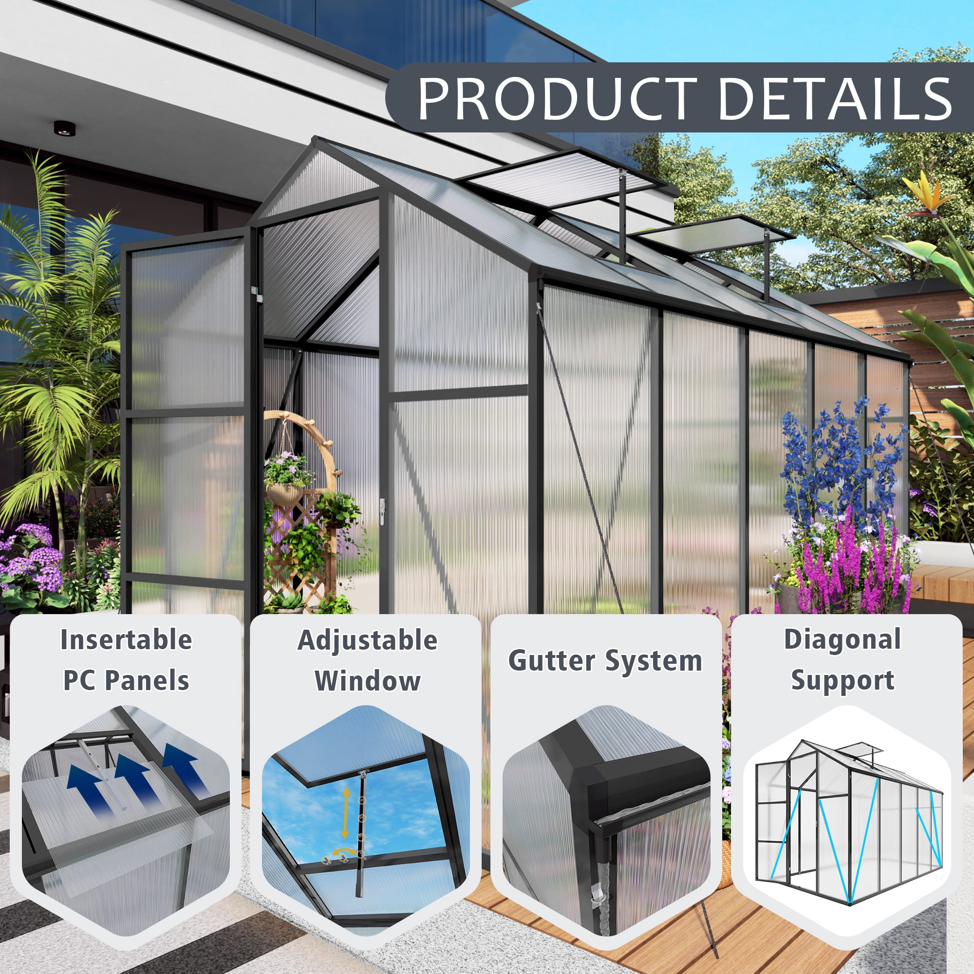 Vigo huseeo 6x10FT Extra-Height Version Polycarbonate Greenhouse, Walk-in Outdoor Greenhouse with Aluminum Frame for Backyard, Black