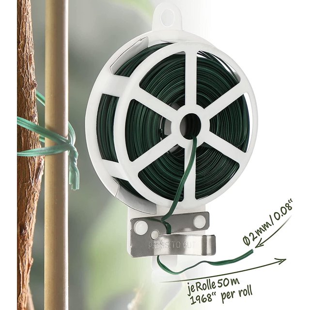 Green 2x 50 Meters - Sheathed Garden Wire - Plant Binding Wire With Wire Cutter - Plant Support (050m - 2 Pieces)