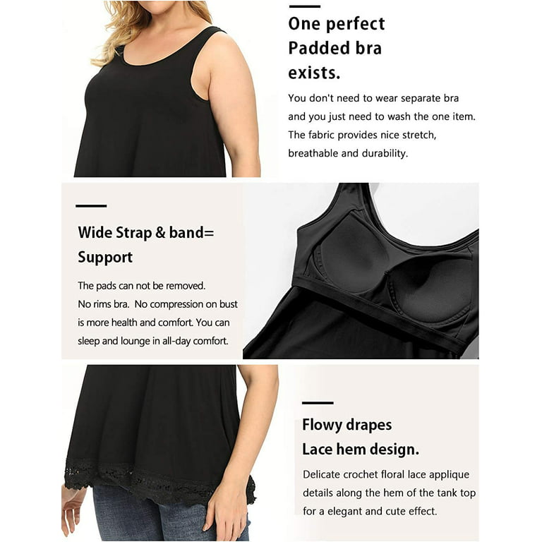 Anyfit Wear Loose Tank Top with Built in Bra for Women Plus Size Sleeveless  Crewneck Shirts Top with Lace Hem Black XXL 