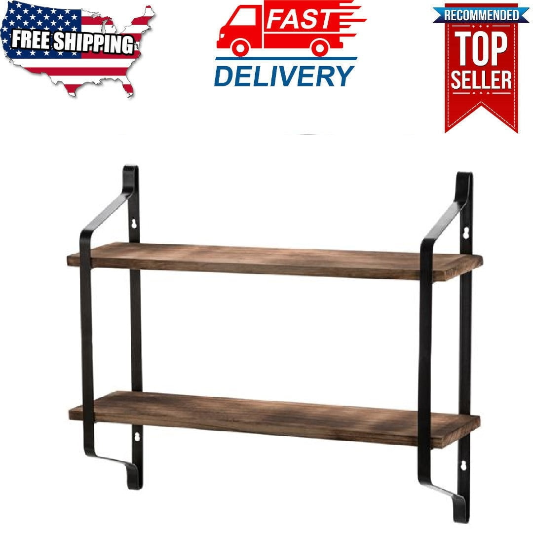 Floating Wall Shelf Set Of Two，Rustic Wood Wall Shelves for Bedroom