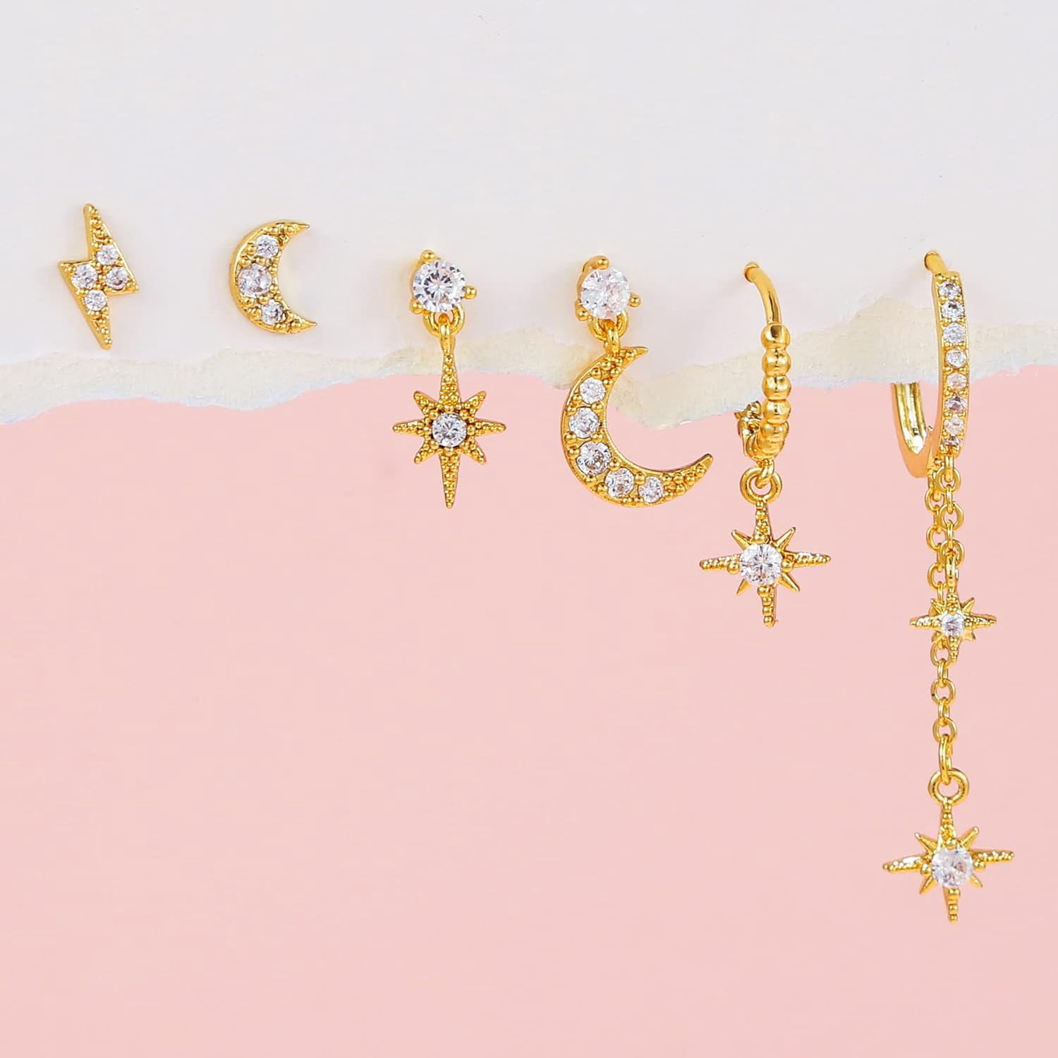 3-Pair 14K Gold Plated Hoop Earrings Set | Dainty Moon & Star Ear Stacks For Multiple Piercings