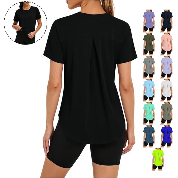 TGSLY Women's UPF 50 Sun Protection Tops Crew Neck Short Sleeve Solid Color Athletic T-Shirt Quick-Dry Fit Back Pleated Detail Curved Hem Tunic Blouses L