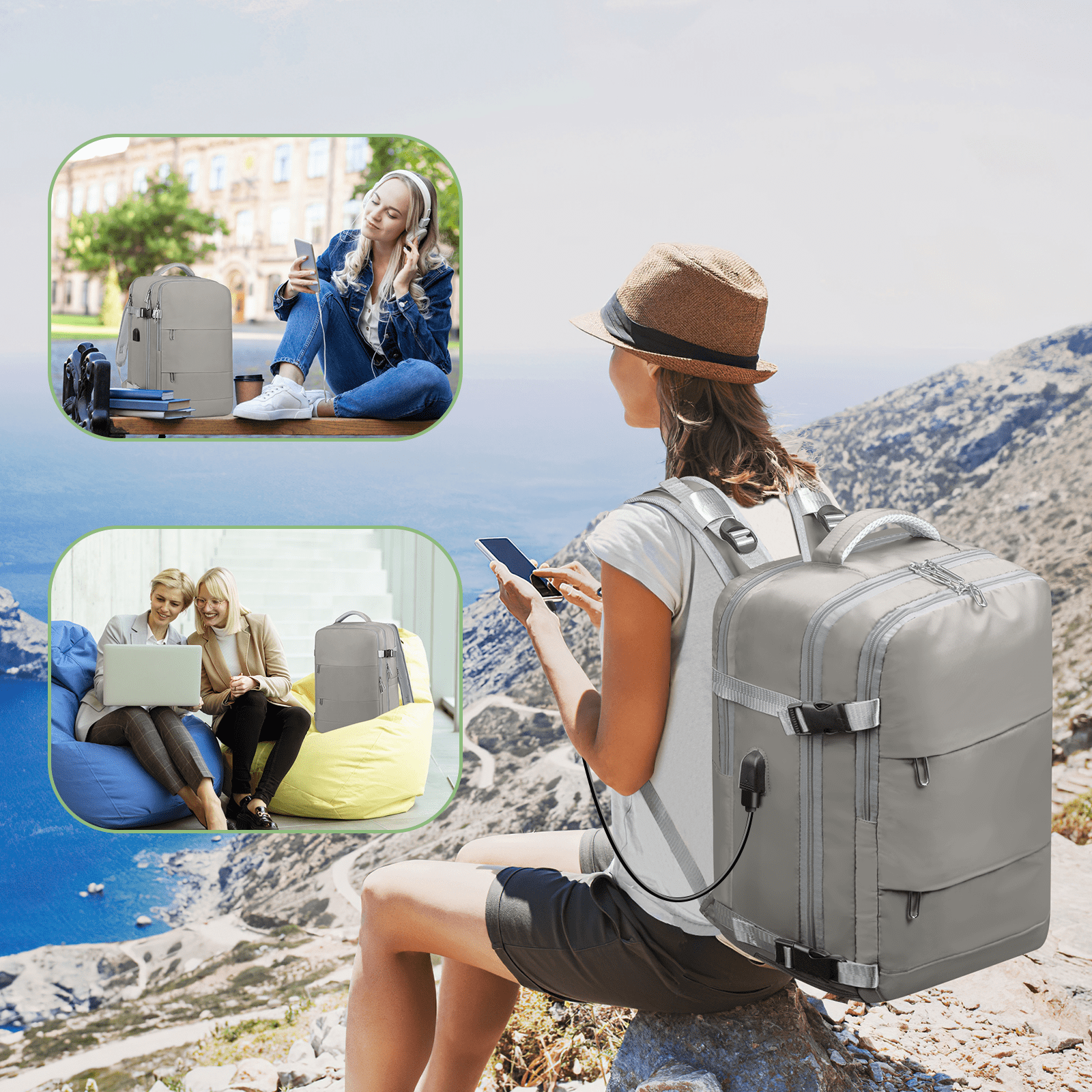 DAKOMM 17.7" Travel Backpack with USB Port & Shoe Compartment, TSA-Approved Laptop Carry On Backpack, Waterproof Large Casual Daypack Travel Bag for Women Men Weekender Trips, Business & Hiking, Gray