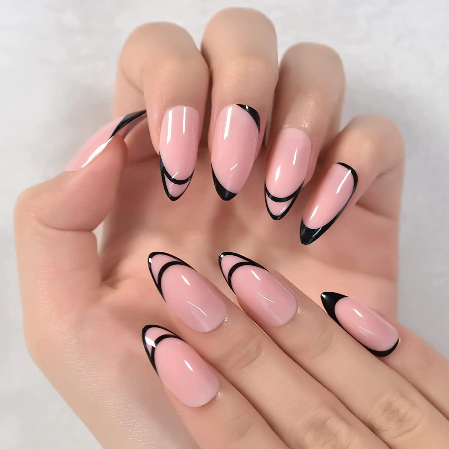Nude Pink Black Pointed French Press On False Nails Medium Length Almond  Salon Diy Manicure Reusable Fake Acrylic Nail Art Tips For Women Girls Wear  - Walmart.Com