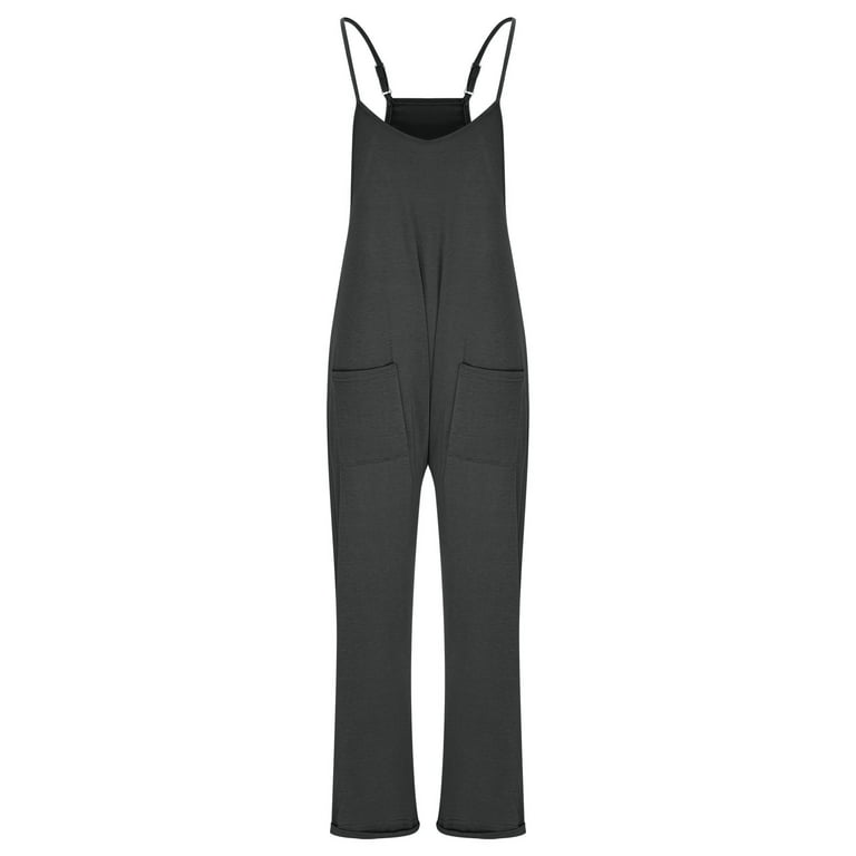 Women's Loose Sleeveless Jumpsuits Spaghetti Strap Stretchy Long Pant Romper  Jumpsuit with Pockets Casual Solid Wide Leg Pants 
