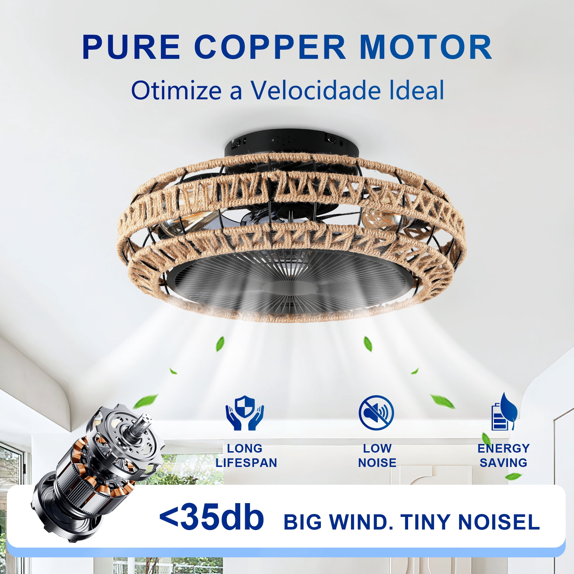 Leumius 20" Vintage Rope Fan Light with Light and Remote Control 6 Speed Adjustable Airflow Ceiling Fan for Living Room Bedroom Kitchen (NOT Included Bulbs)