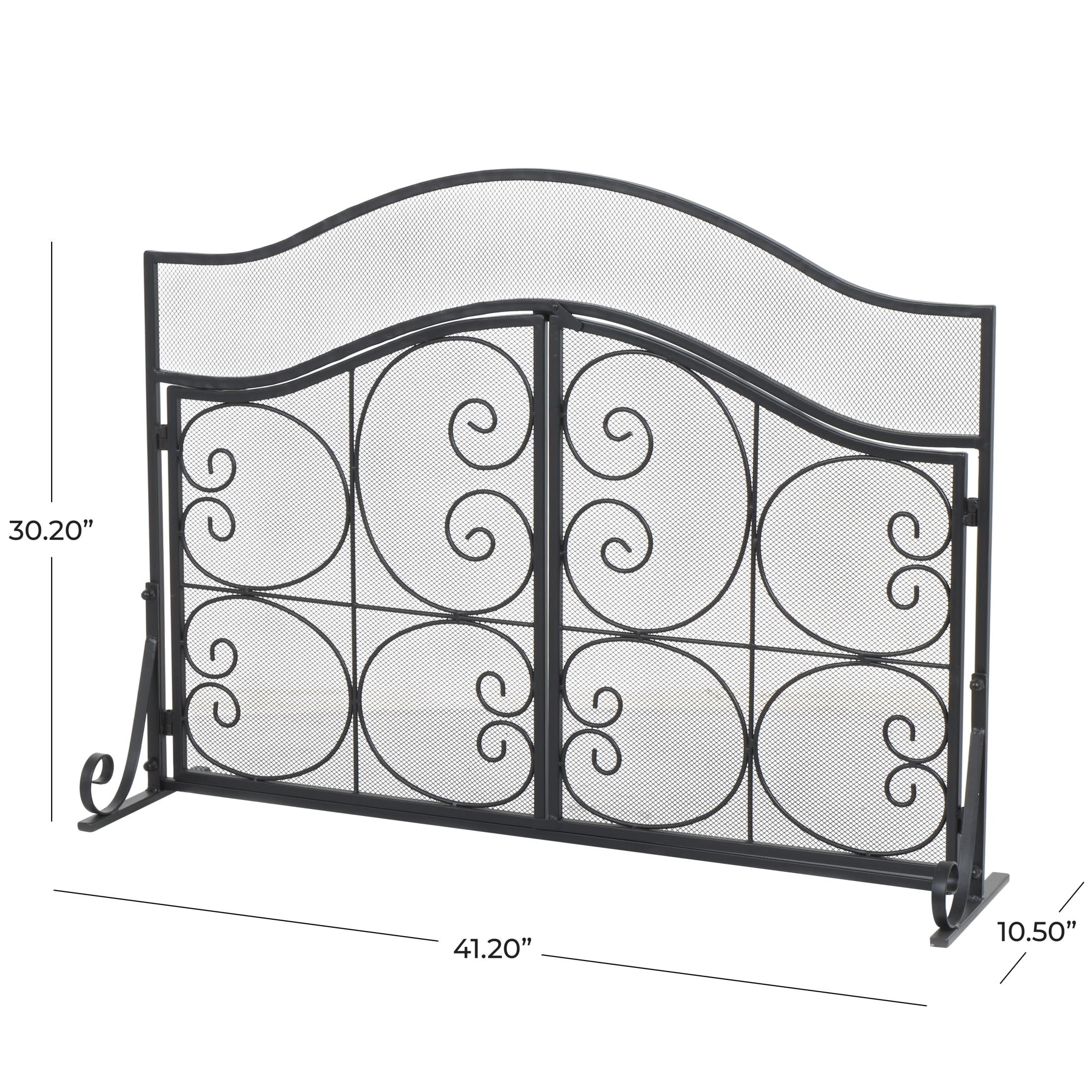 DecMode 41" x 30" Black Metal Arched 1 Panel 2 Door Scroll Fireplace Screen with Mesh Backing, 1-Piece