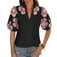 thumbnail image 2 of DPTALR Women's Fashion V-Neck Printed Puff Sleeve T-Shirt,Black,Size S, 2 of 8