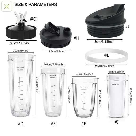 BIBABLYKE Blender Replacement Parts 7 Fins Extractor Blade Assembly Flat / Flip Seal Lid Rubber Gasket Cup for Blender